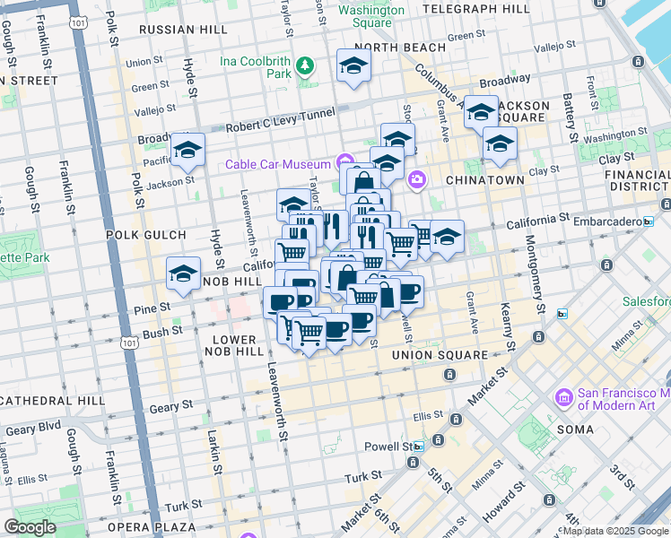 map of restaurants, bars, coffee shops, grocery stores, and more near in San Francisco