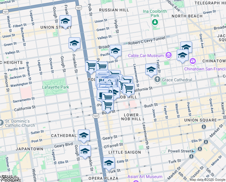 map of restaurants, bars, coffee shops, grocery stores, and more near 1574 California Street in San Francisco
