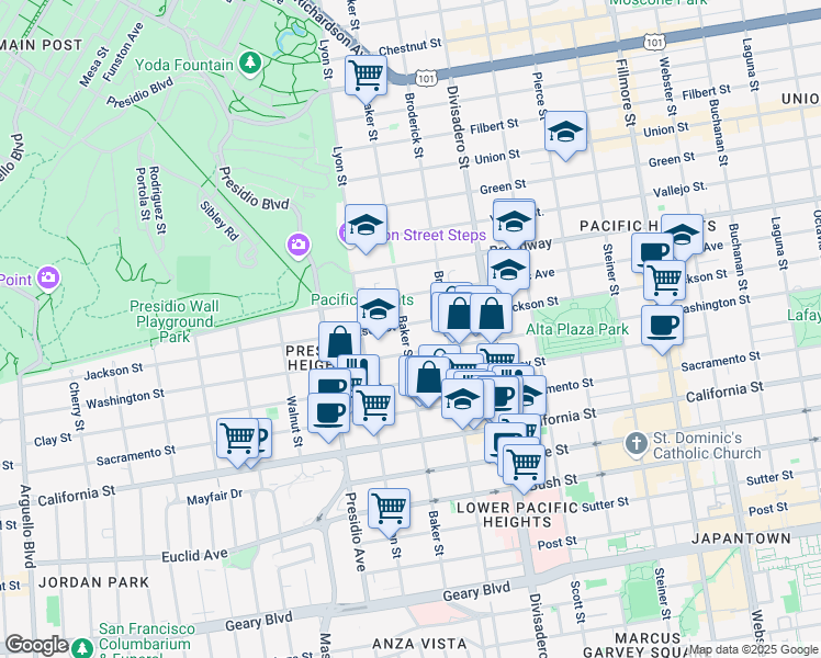 map of restaurants, bars, coffee shops, grocery stores, and more near 2927 Jackson Street in San Francisco