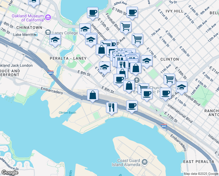 map of restaurants, bars, coffee shops, grocery stores, and more near 800 East 8th Street in Oakland