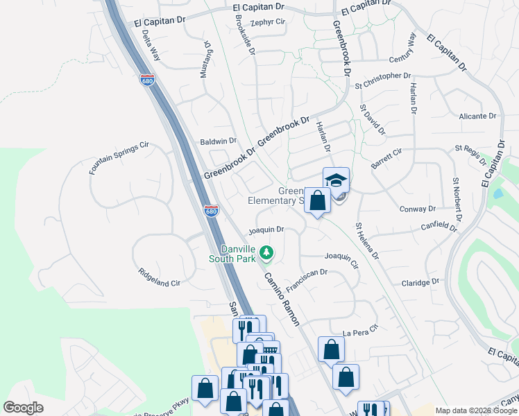 map of restaurants, bars, coffee shops, grocery stores, and more near 11 Winterwood Court in Danville