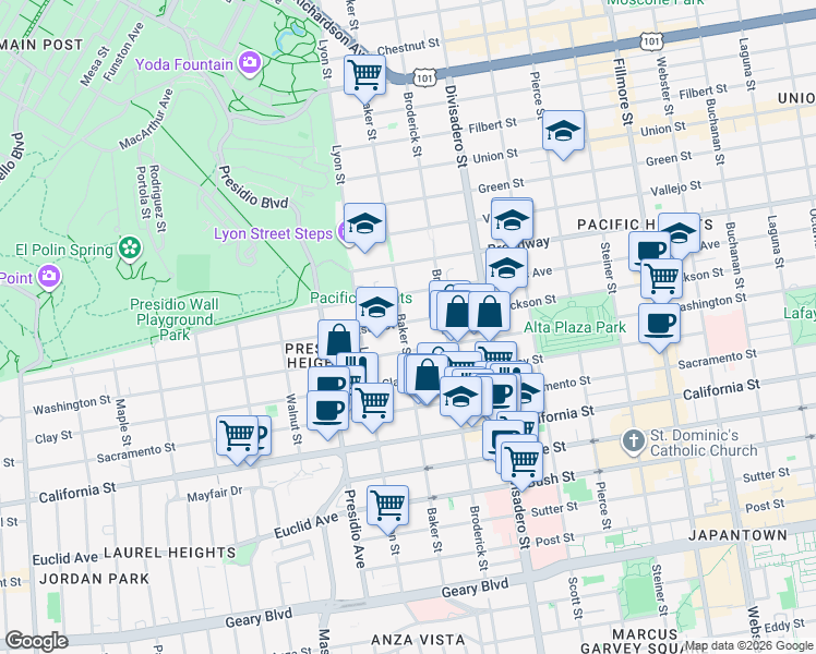 map of restaurants, bars, coffee shops, grocery stores, and more near 2927 Jackson Street in San Francisco