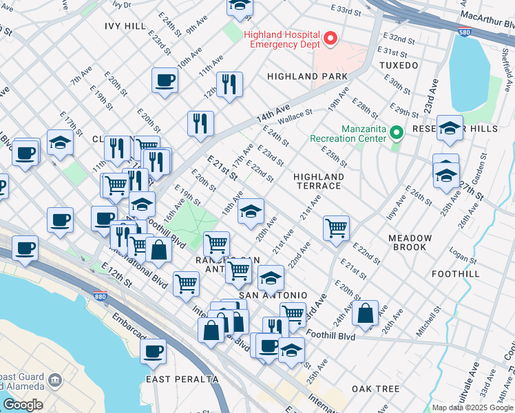 map of restaurants, bars, coffee shops, grocery stores, and more near 2034 19th Avenue in Oakland