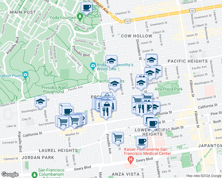 map of restaurants, bars, coffee shops, grocery stores, and more near 3088 Jackson Street in San Francisco