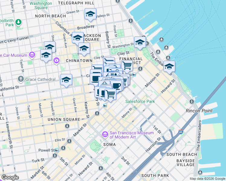 map of restaurants, bars, coffee shops, grocery stores, and more near 1 Bush Street in San Francisco