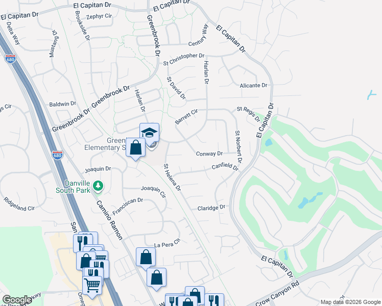map of restaurants, bars, coffee shops, grocery stores, and more near 325 Conway Dr in Danville