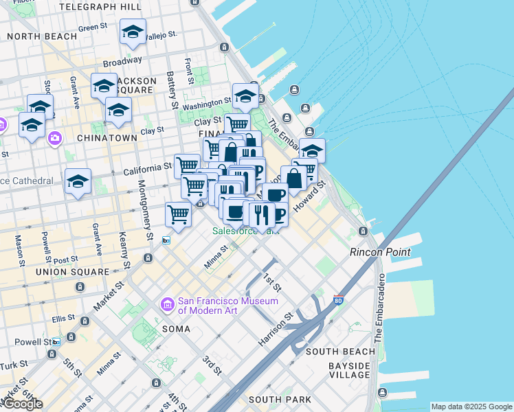map of restaurants, bars, coffee shops, grocery stores, and more near 201 Mission Street in San Francisco