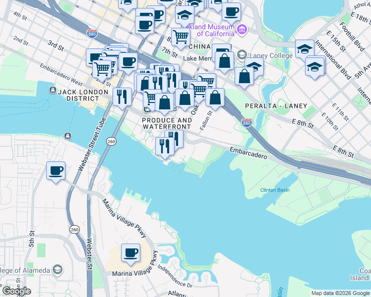 map of restaurants, bars, coffee shops, grocery stores, and more near 3 Embarcadero West in Oakland