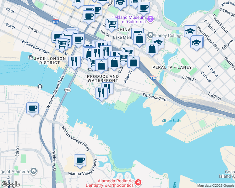 map of restaurants, bars, coffee shops, grocery stores, and more near 3 Embarcadero West in Oakland