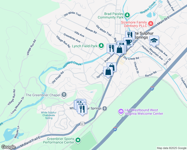map of restaurants, bars, coffee shops, grocery stores, and more near 143 Crawford Ln in White Sulphur Springs