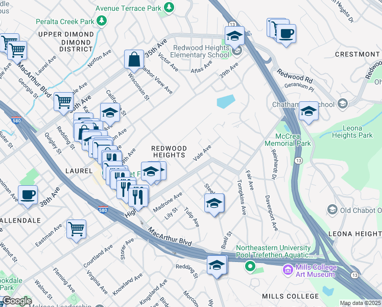 map of restaurants, bars, coffee shops, grocery stores, and more near 3921 Vale Avenue in Oakland