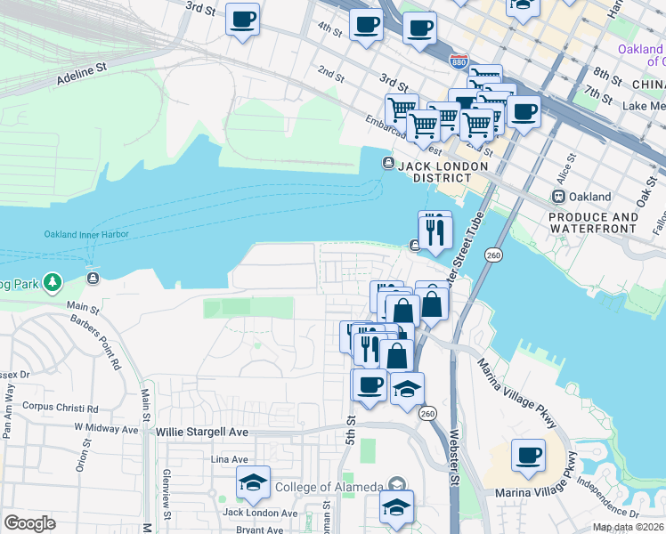 map of restaurants, bars, coffee shops, grocery stores, and more near 2870 Derbyline Ln in Alameda