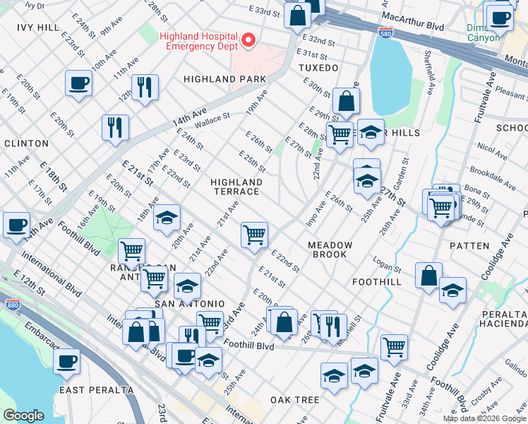 map of restaurants, bars, coffee shops, grocery stores, and more near 2216 East 23rd Street in Oakland