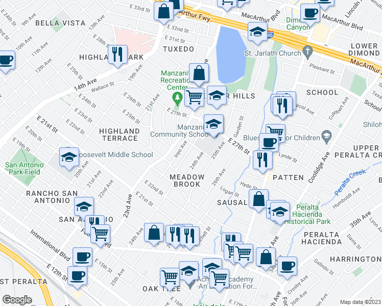 map of restaurants, bars, coffee shops, grocery stores, and more near 2524 Grande Vista Avenue in Oakland