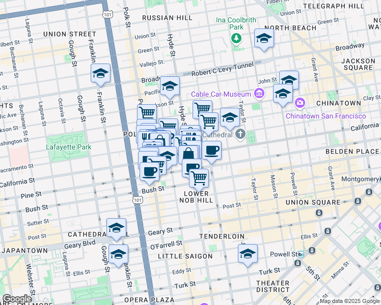 map of restaurants, bars, coffee shops, grocery stores, and more near 1398 California Street in San Francisco
