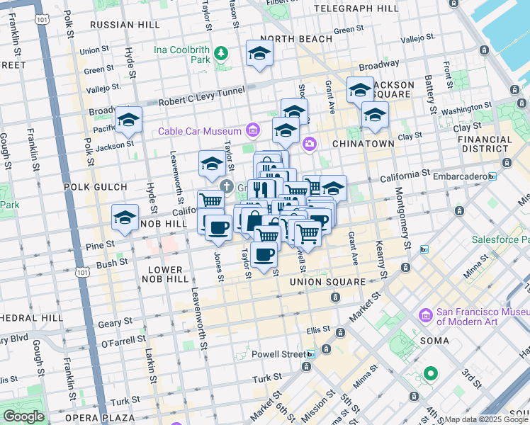 map of restaurants, bars, coffee shops, grocery stores, and more near 817 Mason Street in San Francisco