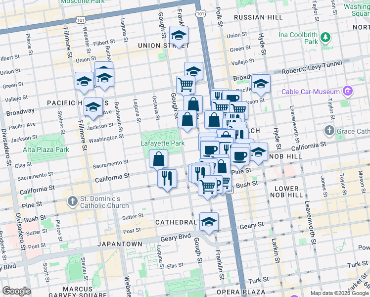 map of restaurants, bars, coffee shops, grocery stores, and more near 1900 Gough Street in San Francisco