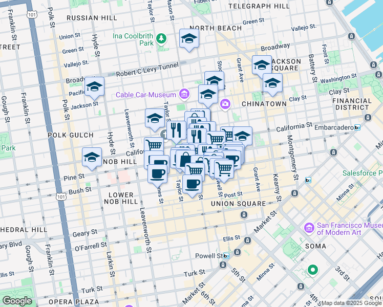 map of restaurants, bars, coffee shops, grocery stores, and more near 817 Mason Street in San Francisco