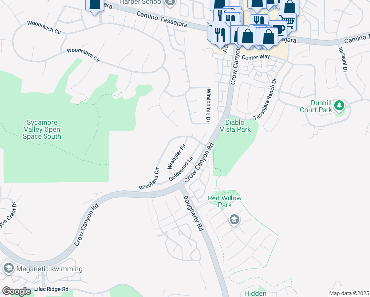 map of restaurants, bars, coffee shops, grocery stores, and more near 3061 Wrangler Road in San Ramon