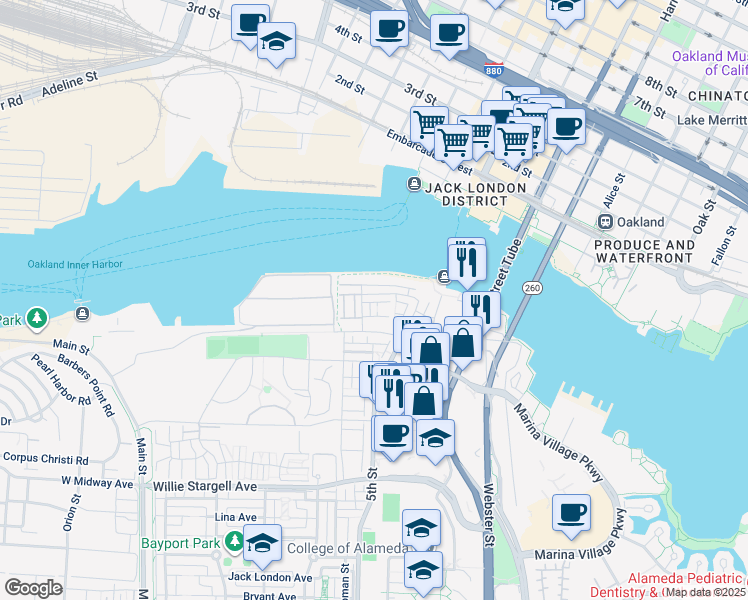 map of restaurants, bars, coffee shops, grocery stores, and more near 538 Martin Mariner Avenue in Alameda