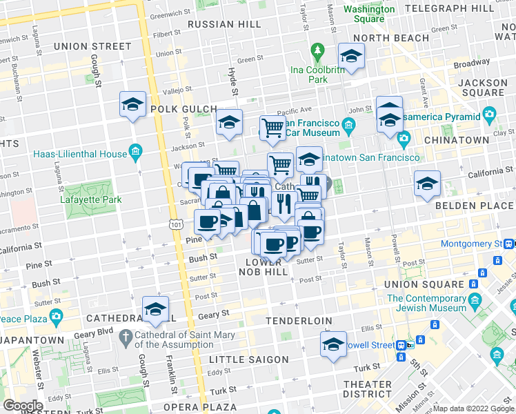 map of restaurants, bars, coffee shops, grocery stores, and more near 1388 California Street in San Francisco