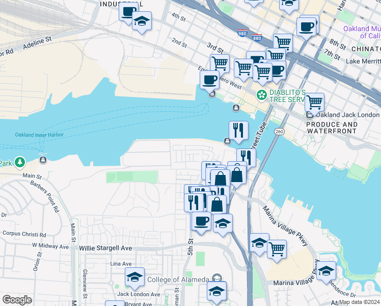 map of restaurants, bars, coffee shops, grocery stores, and more near 538 Martin Mariner Avenue in Alameda