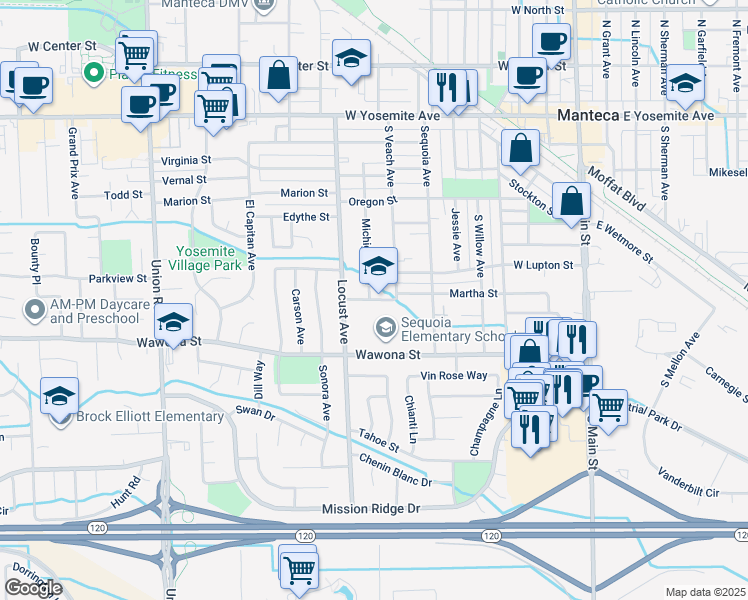 map of restaurants, bars, coffee shops, grocery stores, and more near 710 Martha Street in Manteca