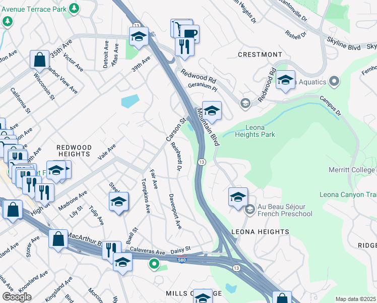 map of restaurants, bars, coffee shops, grocery stores, and more near 4449 Mattis Court in Oakland