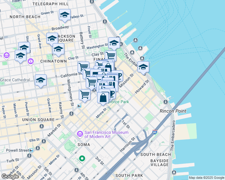 map of restaurants, bars, coffee shops, grocery stores, and more near 99 Fremont Street in San Francisco