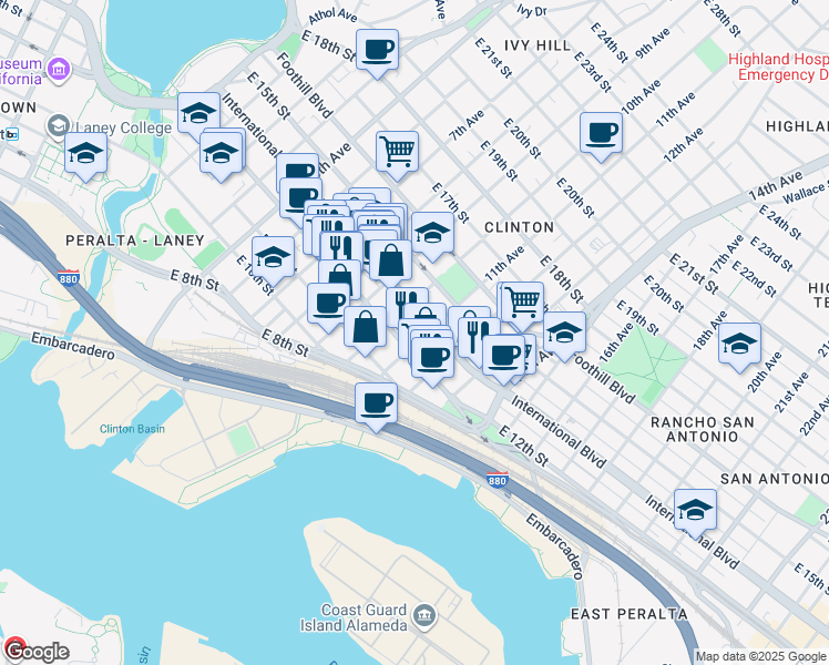 map of restaurants, bars, coffee shops, grocery stores, and more near 1040 East 12th Street in Oakland