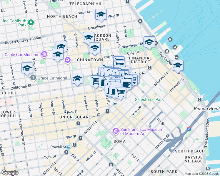 map of restaurants, bars, coffee shops, grocery stores, and more near 180 Montgomery Street in San Francisco
