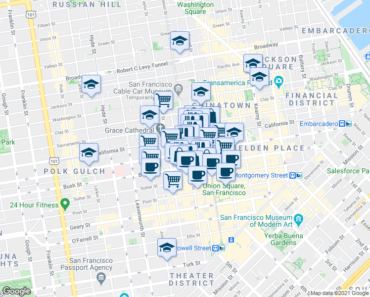 map of restaurants, bars, coffee shops, grocery stores, and more near 817 Mason Street in San Francisco
