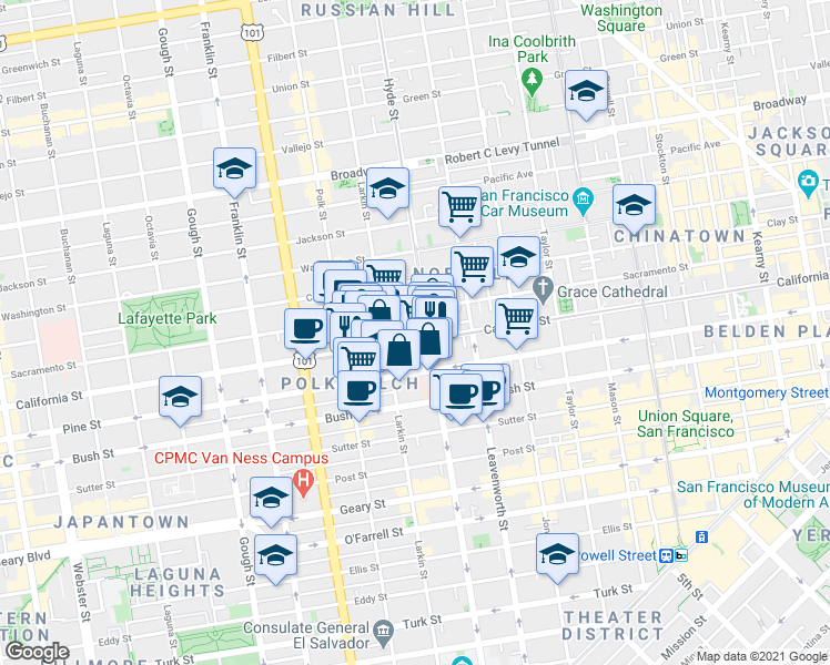 map of restaurants, bars, coffee shops, grocery stores, and more near in San Francisco