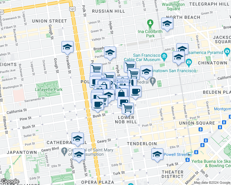 map of restaurants, bars, coffee shops, grocery stores, and more near in San Francisco