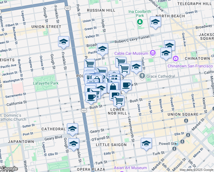 map of restaurants, bars, coffee shops, grocery stores, and more near in San Francisco
