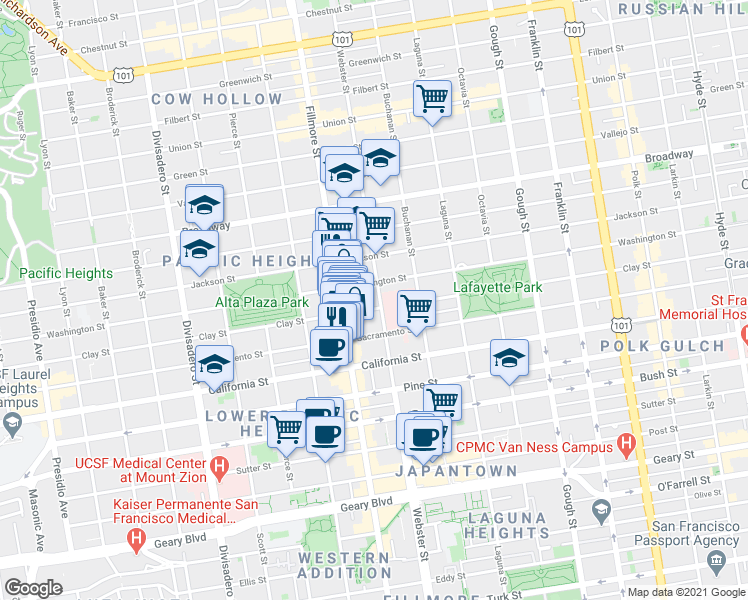 map of restaurants, bars, coffee shops, grocery stores, and more near 2400 Clay Street in San Francisco