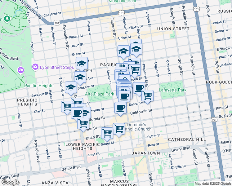 map of restaurants, bars, coffee shops, grocery stores, and more near 2336 Steiner Street in San Francisco