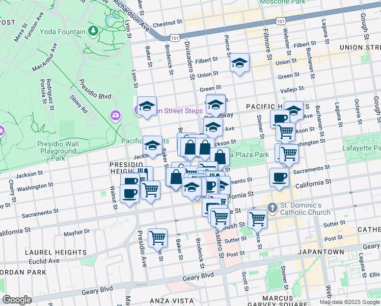 map of restaurants, bars, coffee shops, grocery stores, and more near 2970 Washington Street in San Francisco