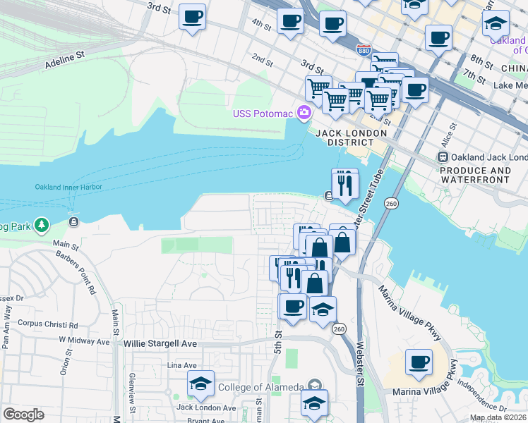 map of restaurants, bars, coffee shops, grocery stores, and more near 2878 Derbyline Ln in Alameda