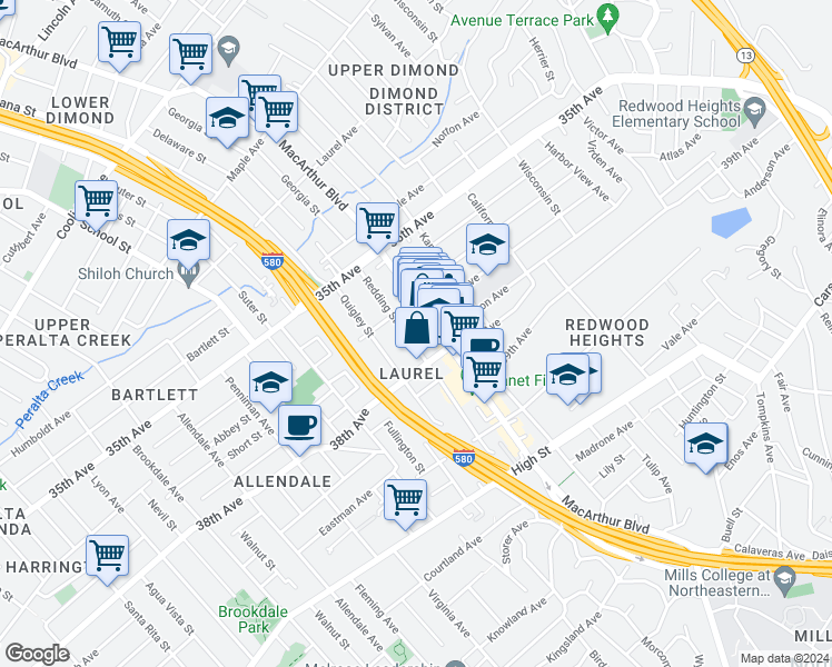 map of restaurants, bars, coffee shops, grocery stores, and more near 3810 Redding Street in Oakland