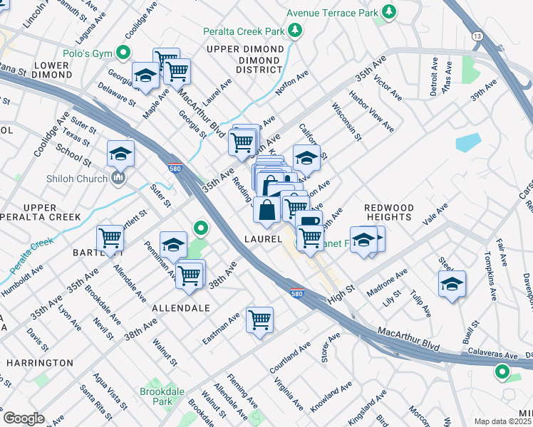 map of restaurants, bars, coffee shops, grocery stores, and more near 3810 Redding Street in Oakland