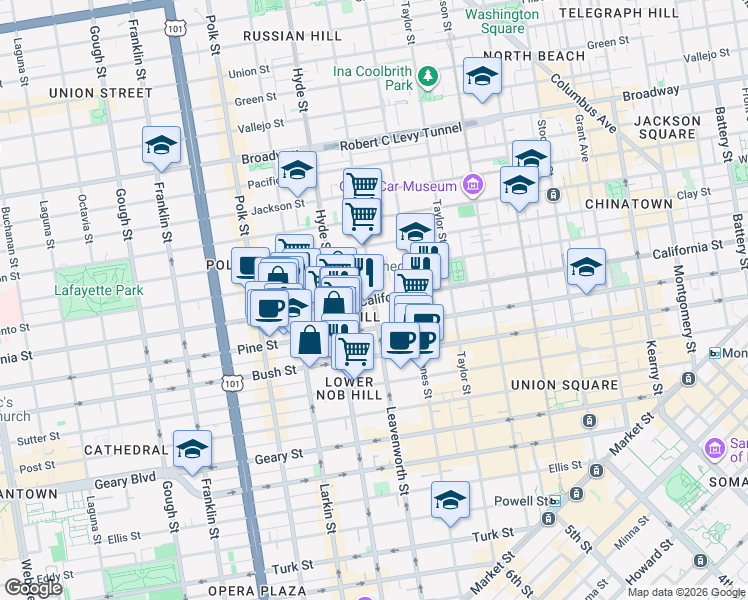 map of restaurants, bars, coffee shops, grocery stores, and more near California St & Leavenworth St in San Francisco