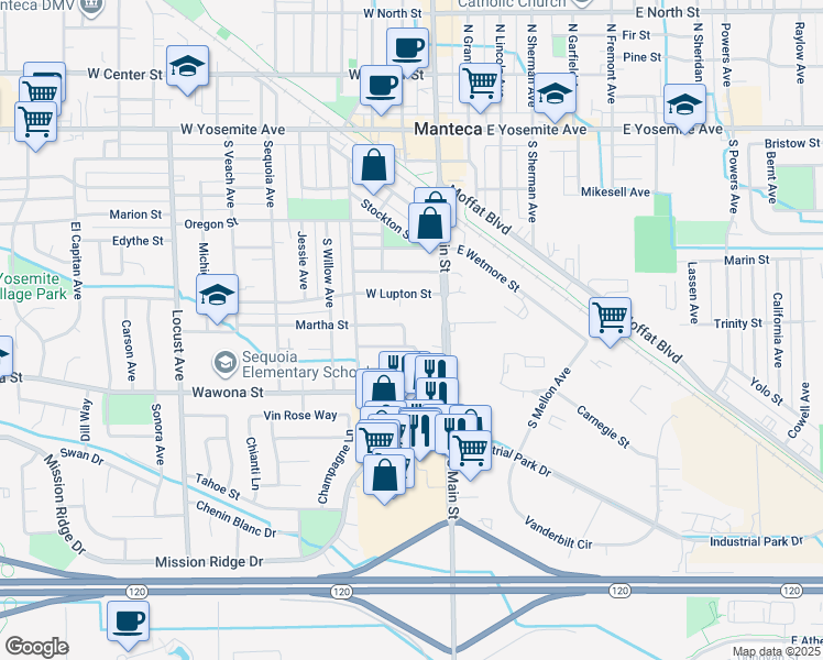 map of restaurants, bars, coffee shops, grocery stores, and more near 731 South Maple Avenue in Manteca