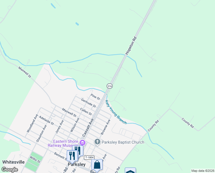map of restaurants, bars, coffee shops, grocery stores, and more near 18206 Hopeton Road in Parksley