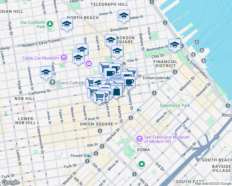 map of restaurants, bars, coffee shops, grocery stores, and more near 333 Kearny Street in San Francisco