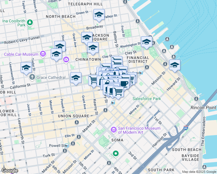 map of restaurants, bars, coffee shops, grocery stores, and more near 268 Bush Street in San Francisco