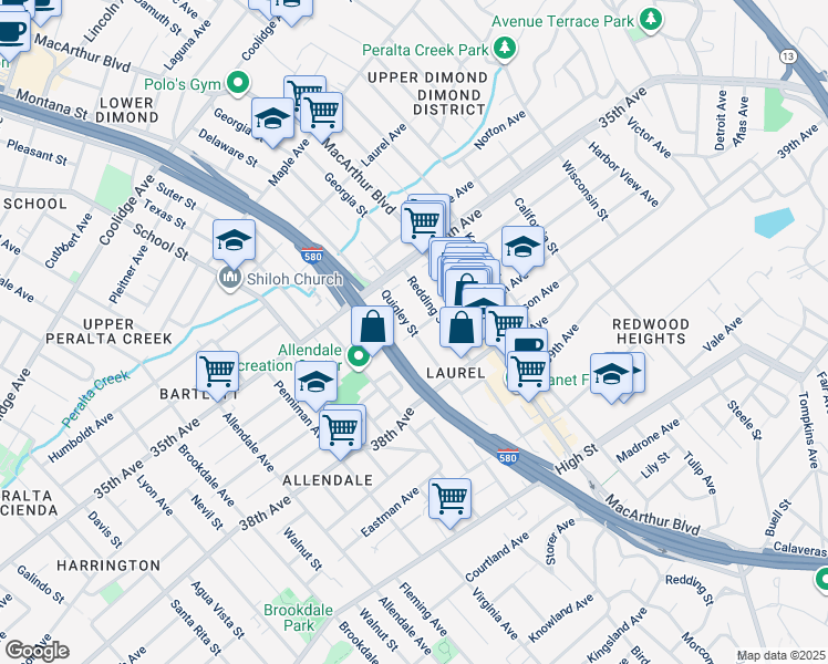 map of restaurants, bars, coffee shops, grocery stores, and more near Loma Vista Ave & Quigley St in Oakland