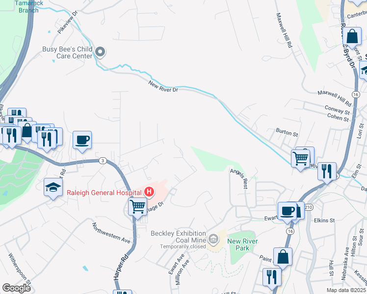 map of restaurants, bars, coffee shops, grocery stores, and more near 636 Carriage Drive in Beckley