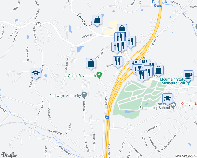 map of restaurants, bars, coffee shops, grocery stores, and more near 129 Dye Drive in Beckley