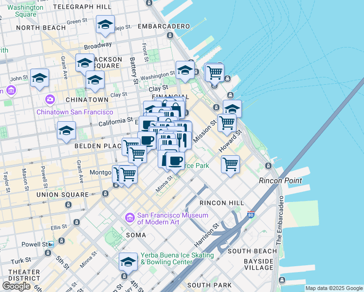map of restaurants, bars, coffee shops, grocery stores, and more near 50 Beale Street in San Francisco